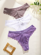 3 Pcs Sexy Lacy Trim Briefs, Breathable Semi-Sheer Thong - Women's Lingerie & Underwear - Lace Trim & Breathable Fabric - For Women - Perfect for Romantic Occasions - Ideal Gift for Her
