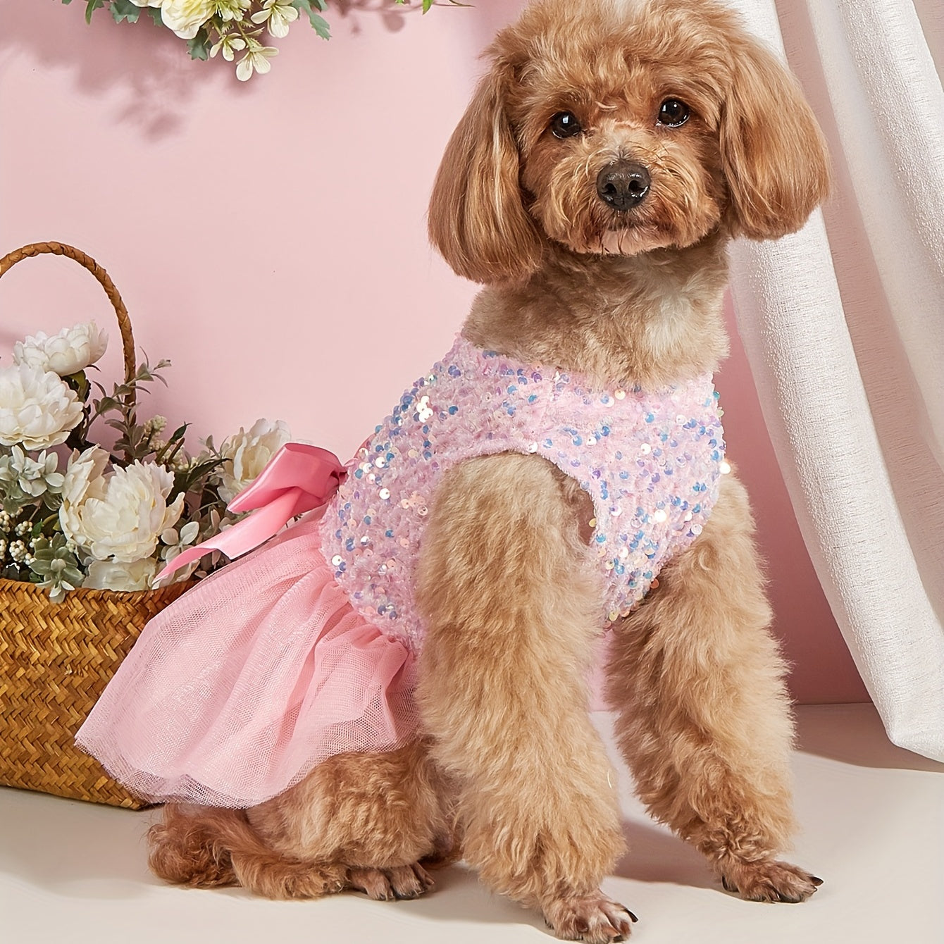 Sparkle and Shine: 1pc Pet Sleeveless Sequin Bow Mesh Dress for Your Furry Friend's Special Occasion!
