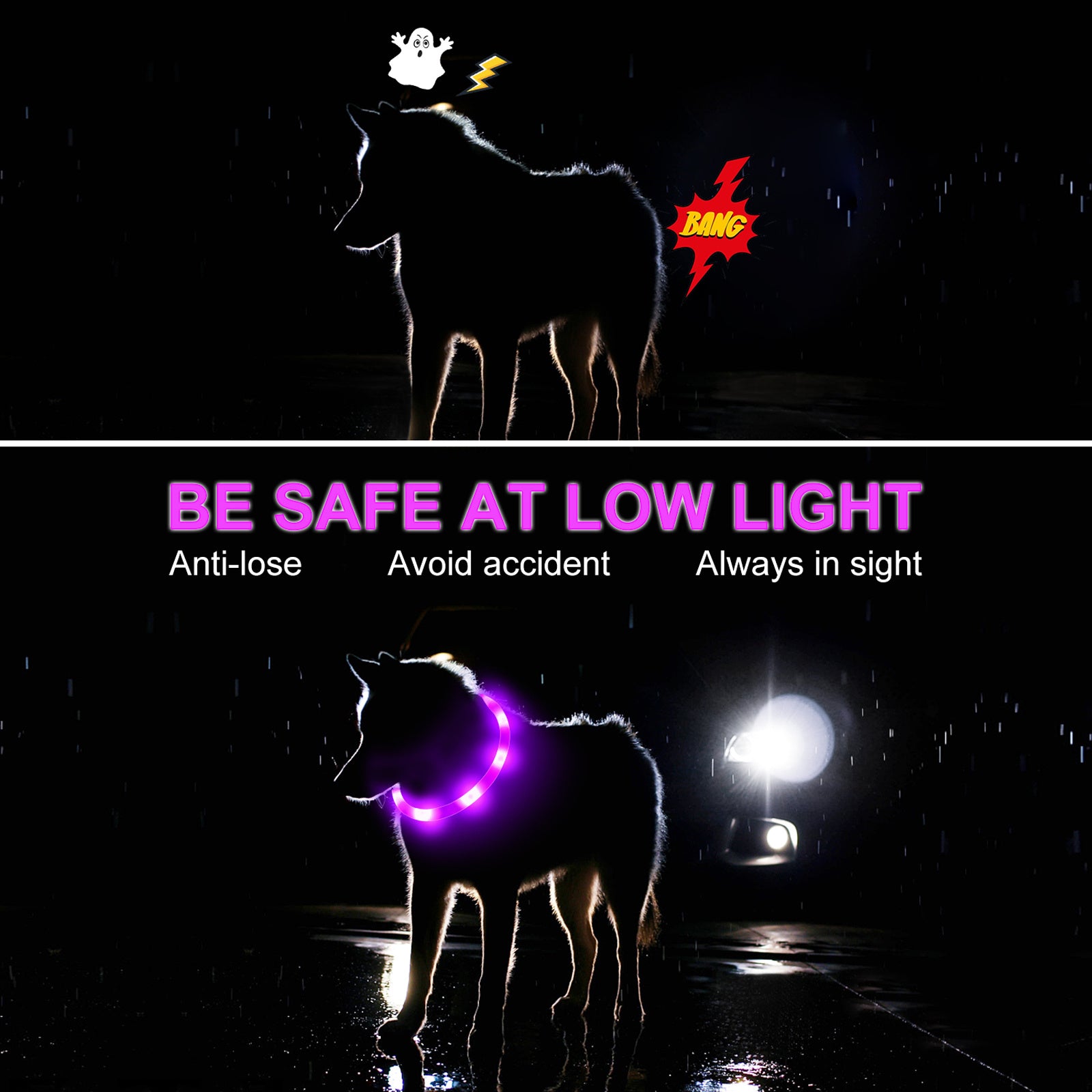 Joytale LED Pet Collar, USB Rechargeable Glowing Lighted Up, Adjustable Safety for Dogs & Cats, Silicone Material, 3 Light Modes, Ideal for Halloween & Christmas Gifts