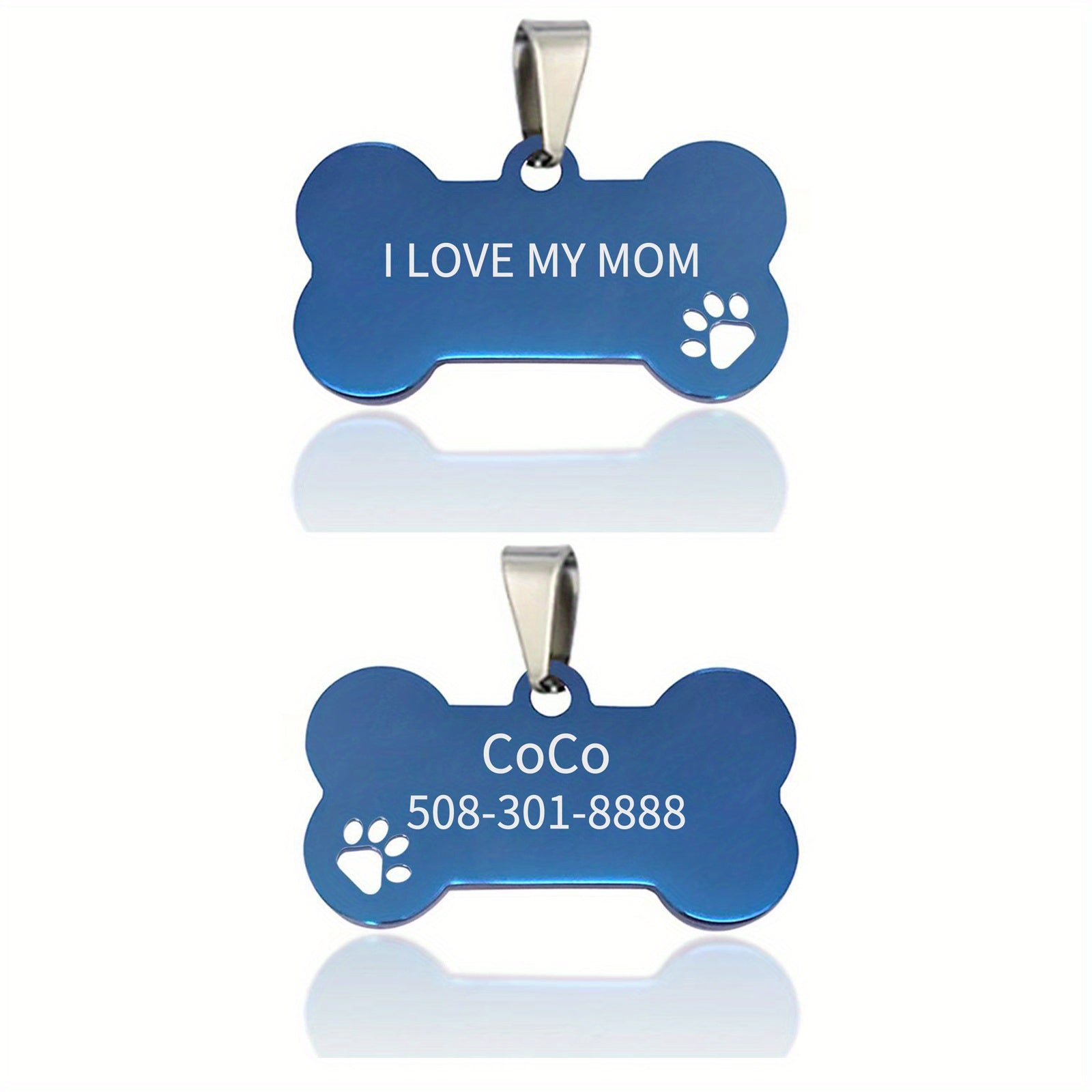 Customized Pet Tag Blue Stainless Steel Custom Dog Tag "I Love My Mom" Collection Dog Id Tag