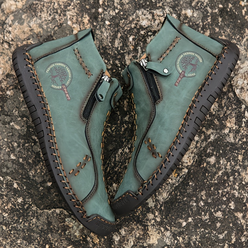 [Vintage Boots] KEZZLY Vintage Men's Zipper Boots | Round Toe Short Ankle Boots with Rubber Sole, All-Season Casual & Sporty Shoes for Outdoor Activities