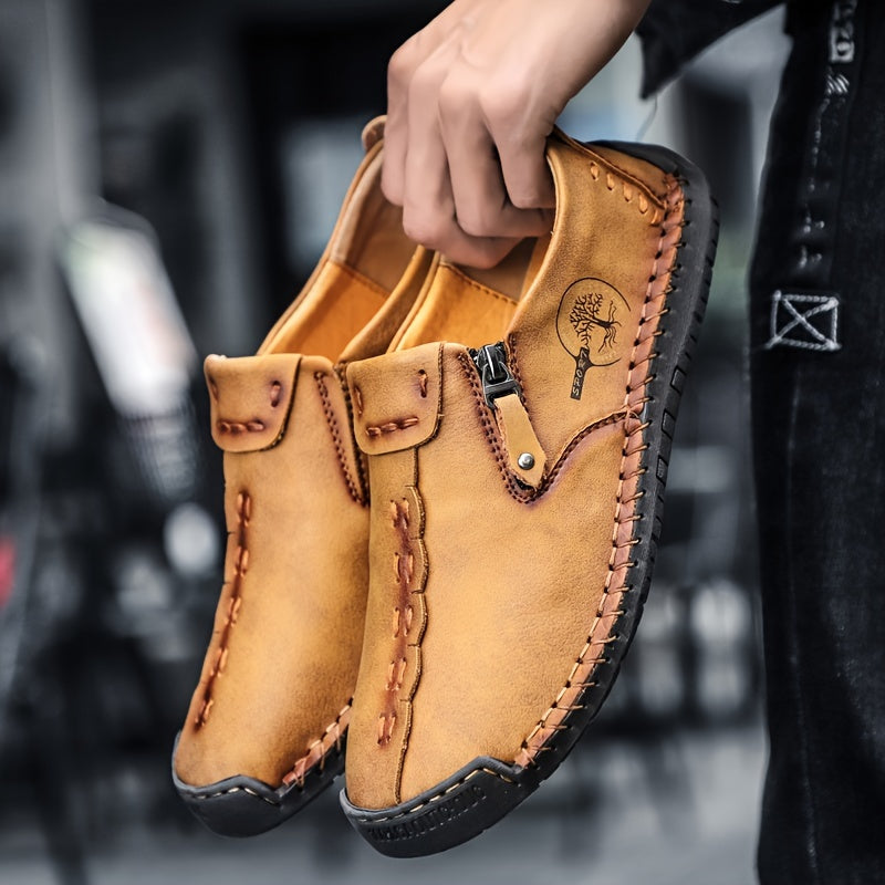 [Vintage Loafers] Handmade Vintage Loafers | Men's Synthetic Shoes with Zipper Closure, Round Toe & Rubber Sole, Brown & Black Design for Casual & Formal Wear, Formal Footwear, Durable Footwear