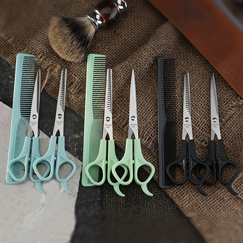 3pcs Professional Hair Cutting Scissors Set With Bangs Teeth, Flat Shears, Comb, And Pet Grooming Tools - Precision Cutting For Salon-Quality Results