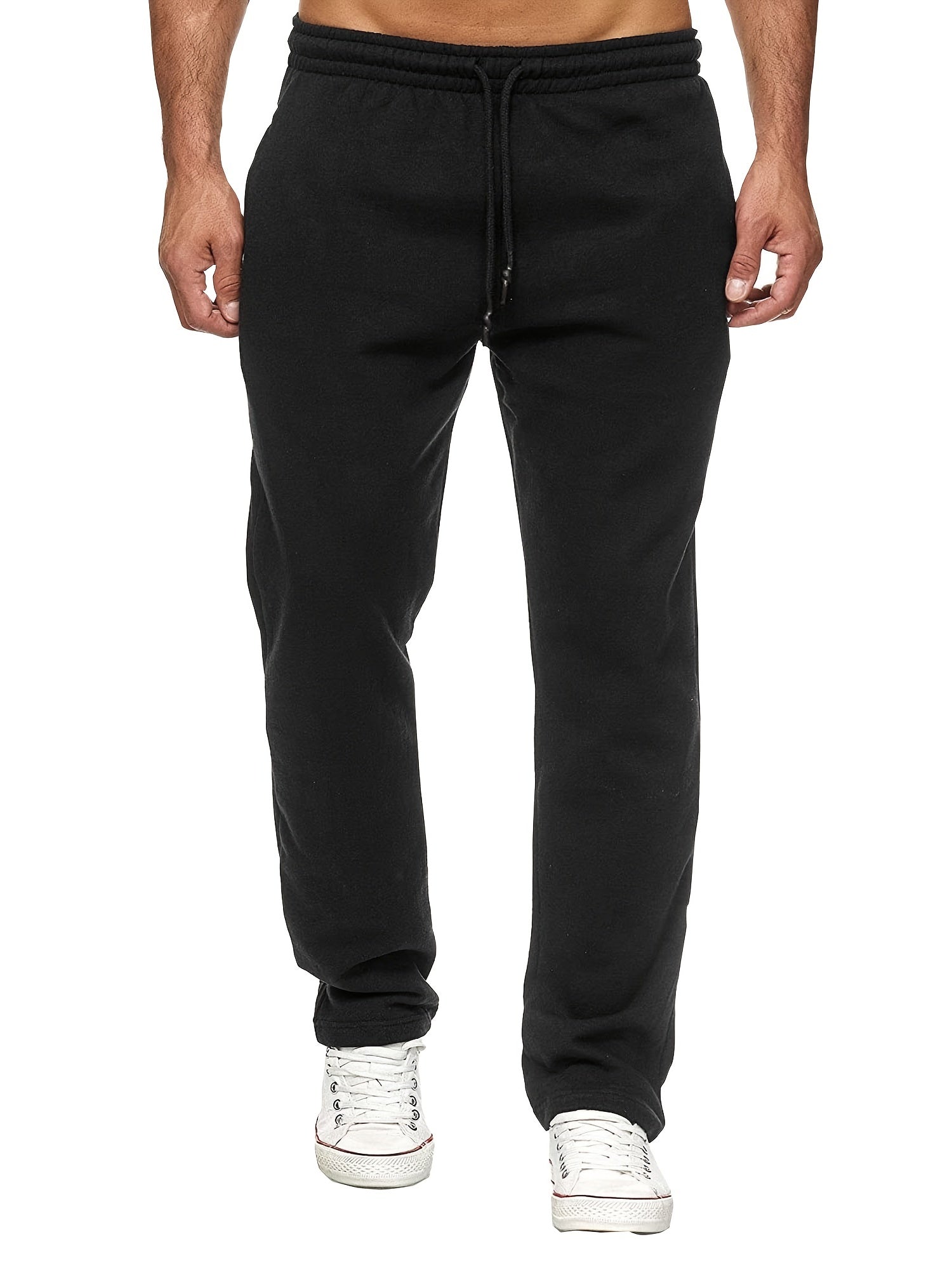 Men's Casual Solid Color Pants, Fleece Slight Stretch Sweatpants