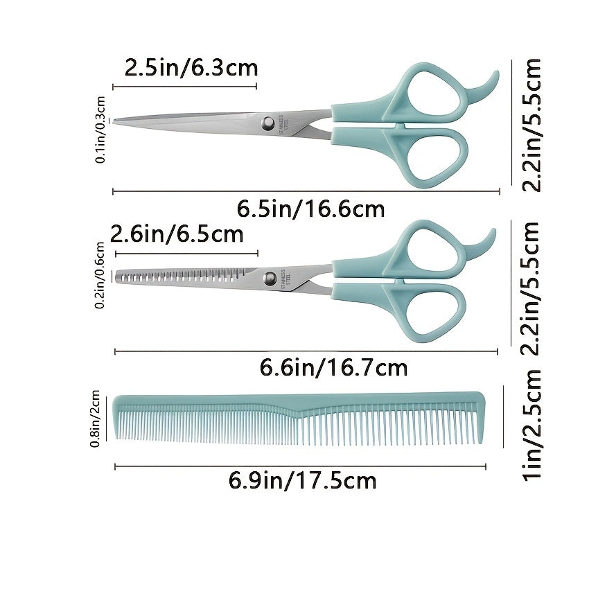3pcs Professional Hair Cutting Scissors Set With Bangs Teeth, Flat Shears, Comb, And Pet Grooming Tools - Precision Cutting For Salon-Quality Results