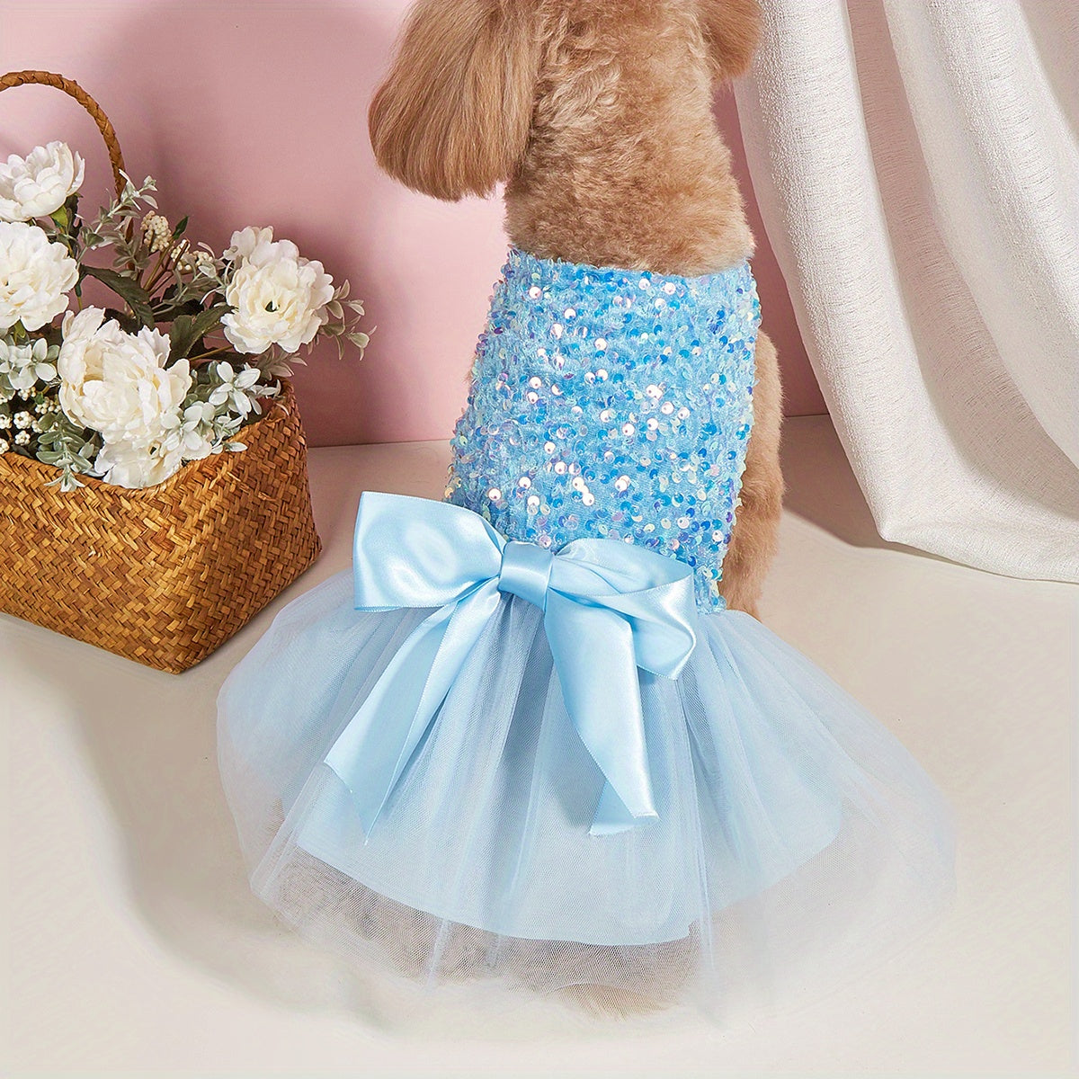 Sparkle and Shine: 1pc Pet Sleeveless Sequin Bow Mesh Dress for Your Furry Friend's Special Occasion!
