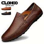 [CLOHOO, Leather Business Shoes] CLOHOO Men's Slip-On Business Casual Shoes | Breathable Second-Layer Leather Upper, Comfortable PU Lining & Rubber Sole, All-Season Versatile for Office, Travel & Vacation - Black, Refined App