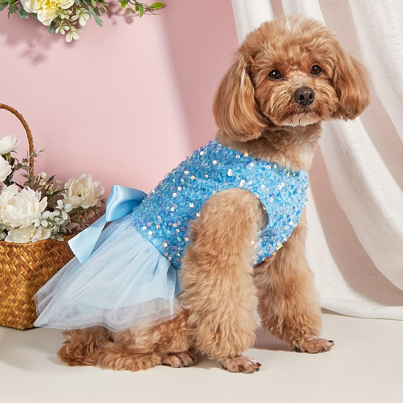 Sparkle and Shine: 1pc Pet Sleeveless Sequin Bow Mesh Dress for Your Furry Friend's Special Occasion!