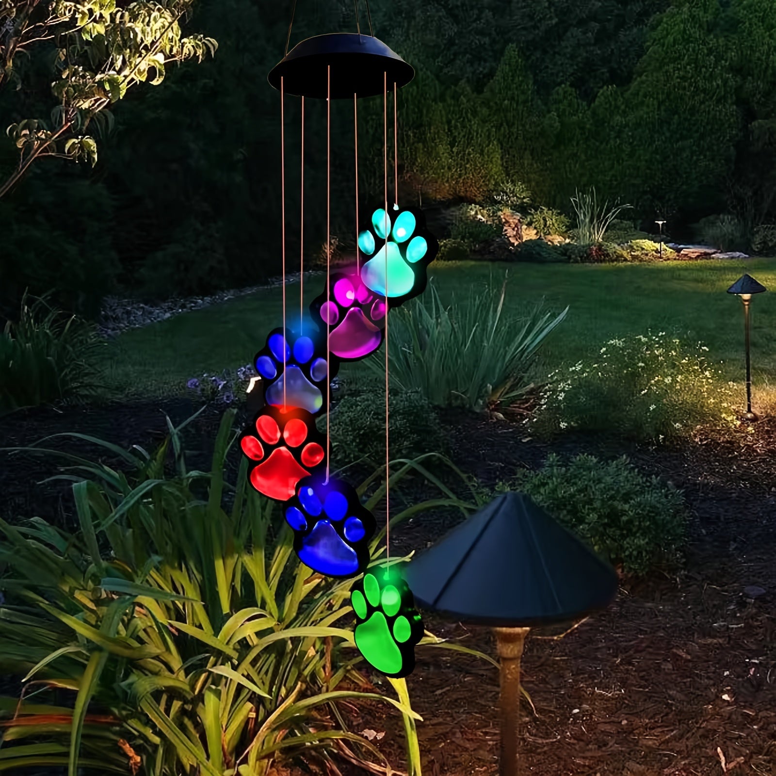 [Solar Wind Chimes] Paw Print Solar Wind Chimes | 1pc | Color Changing Solar Hanging Lights | Outside, Balcony, Patio, Yard Decor | Sympathy Gift for Pet Lover