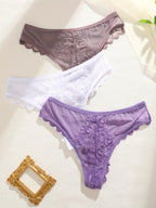 3 Pcs Sexy Lacy Trim Briefs, Breathable Semi-Sheer Thong - Women's Lingerie & Underwear - Lace Trim & Breathable Fabric - For Women - Perfect for Romantic Occasions - Ideal Gift for Her
