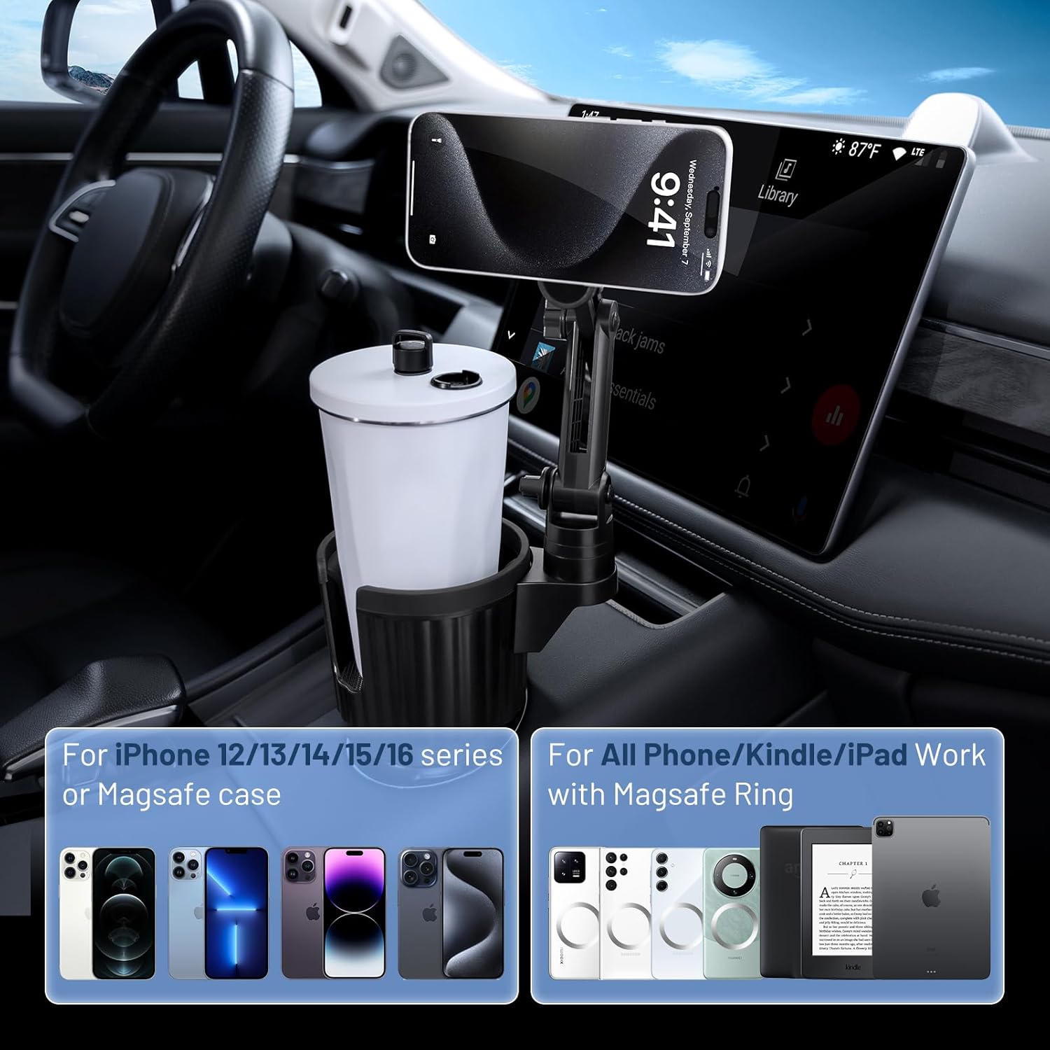 This Hill Magnetic Cup Holder Phone Mount, Compatible with MagSafe, 4.1" Base Adjustable Height Car Cup Holder Compatible with iPhone 16 Pro Max / 15/14 / 13/12 Series, Secure Fit for Car or SUV