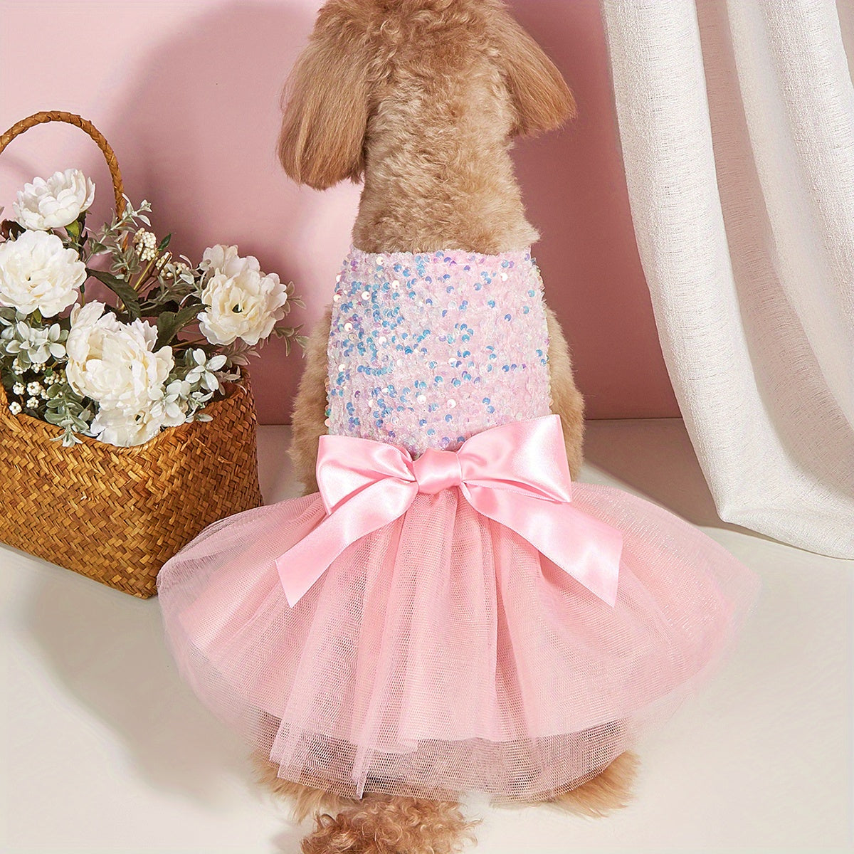Sparkle and Shine: 1pc Pet Sleeveless Sequin Bow Mesh Dress for Your Furry Friend's Special Occasion!