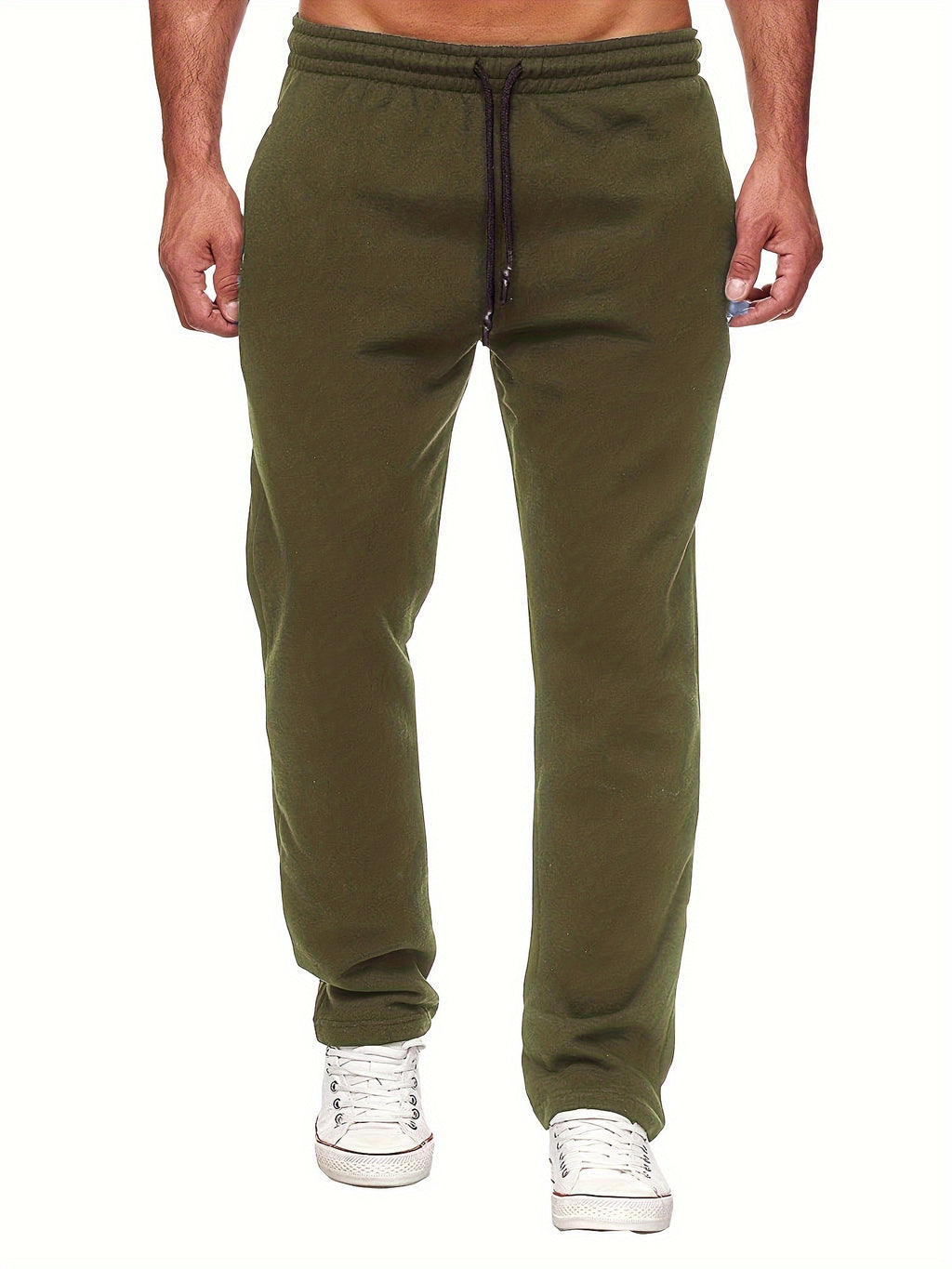 Men's Casual Solid Color Pants, Fleece Slight Stretch Sweatpants
