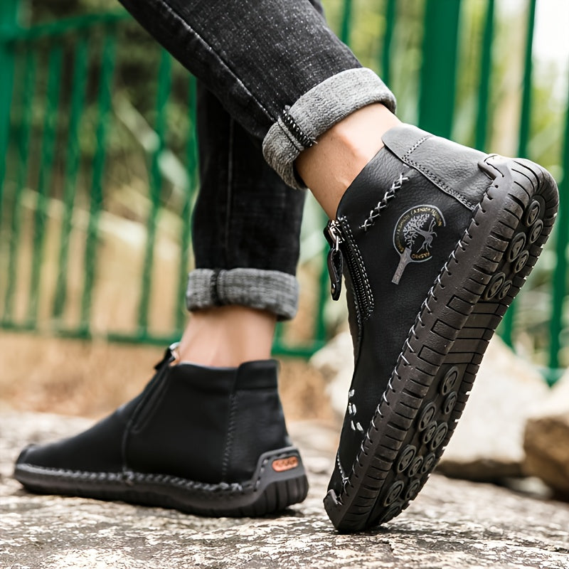 [Vintage Boots] KEZZLY Vintage Men's Zipper Boots | Round Toe Short Ankle Boots with Rubber Sole, All-Season Casual & Sporty Shoes for Outdoor Activities
