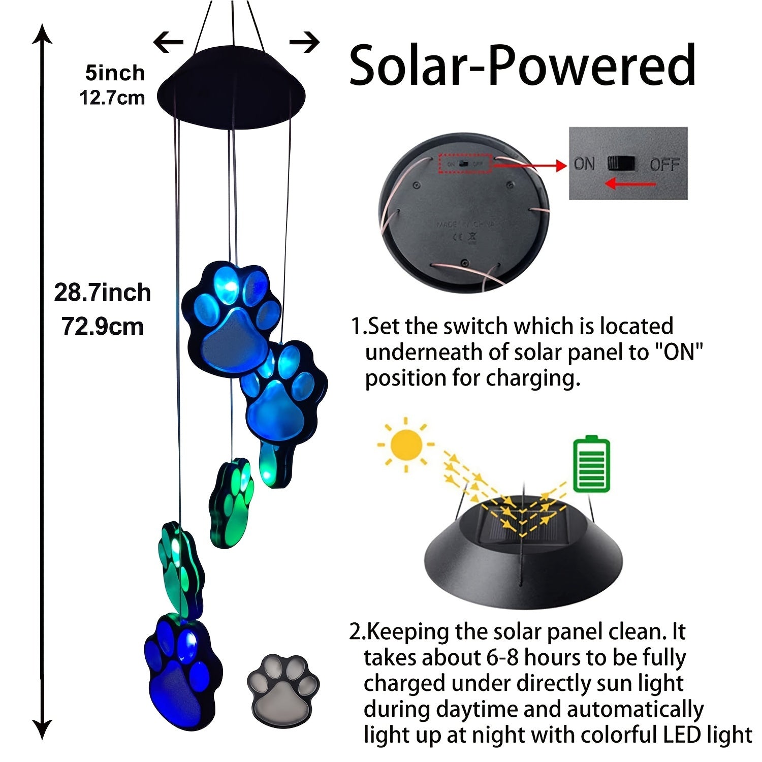 [Solar Wind Chimes] Paw Print Solar Wind Chimes | 1pc | Color Changing Solar Hanging Lights | Outside, Balcony, Patio, Yard Decor | Sympathy Gift for Pet Lover