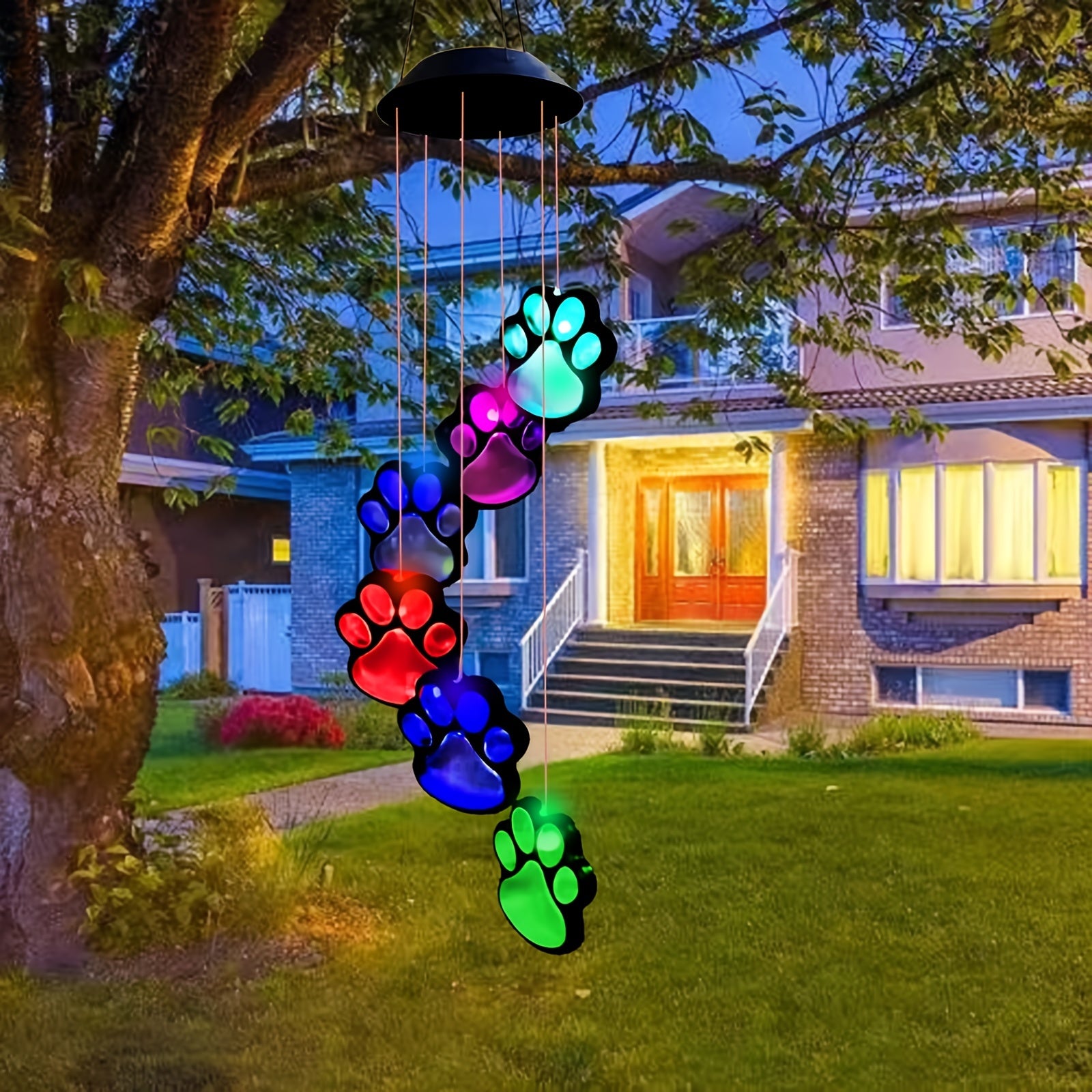 [Solar Wind Chimes] Paw Print Solar Wind Chimes | 1pc | Color Changing Solar Hanging Lights | Outside, Balcony, Patio, Yard Decor | Sympathy Gift for Pet Lover