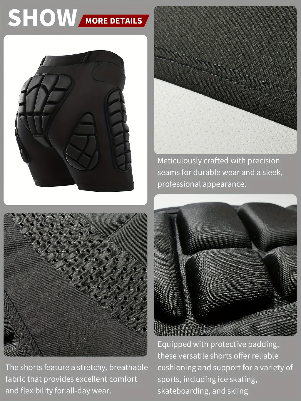 Four Seasons High Stretch Polyester Knit Fabric 3D Padded Shorts for Ice Hockey, Snowboarding, Gymnastics, Roller Skating - Moisture Wicking, Flexible, Regular Fit