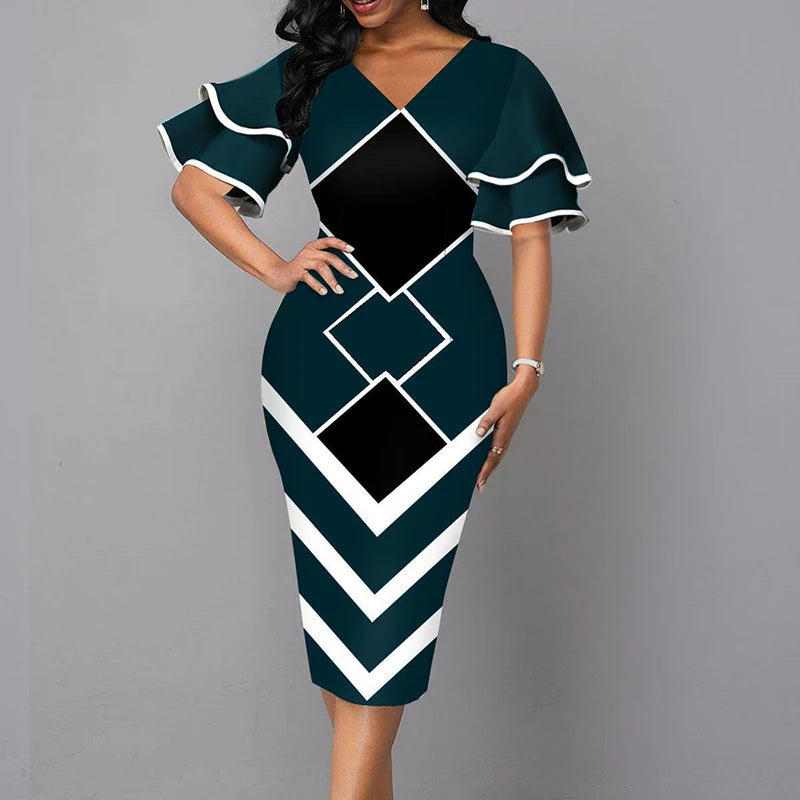 Elegant Women’s Summer V-Neck Mid-Calf Dress – Short Sleeve Slim Fit Printed A-Line Office Lady Outfit
