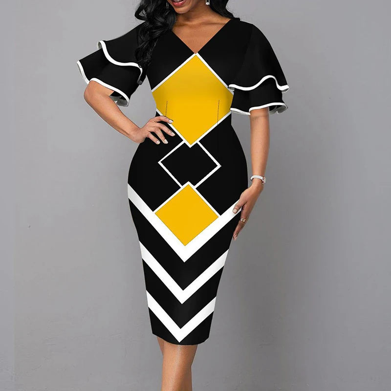 Elegant Women’s Summer V-Neck Mid-Calf Dress – Short Sleeve Slim Fit Printed A-Line Office Lady Outfit