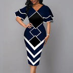 Elegant Women’s Summer V-Neck Mid-Calf Dress – Short Sleeve Slim Fit Printed A-Line Office Lady Outfit