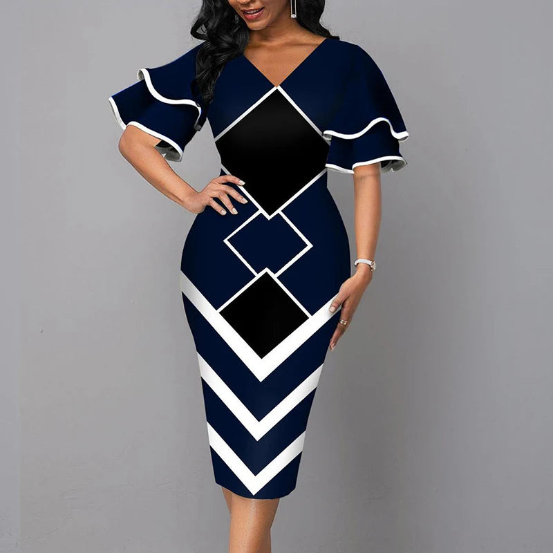 Elegant Women’s Summer V-Neck Mid-Calf Dress – Short Sleeve Slim Fit Printed A-Line Office Lady Outfit