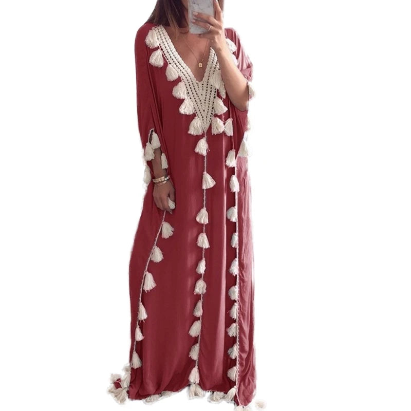 Women’s Arabic Islamic Kaftan – Half Sleeve V-Neck Maxi Dress with Tassel Trim, Casual Loose Fit