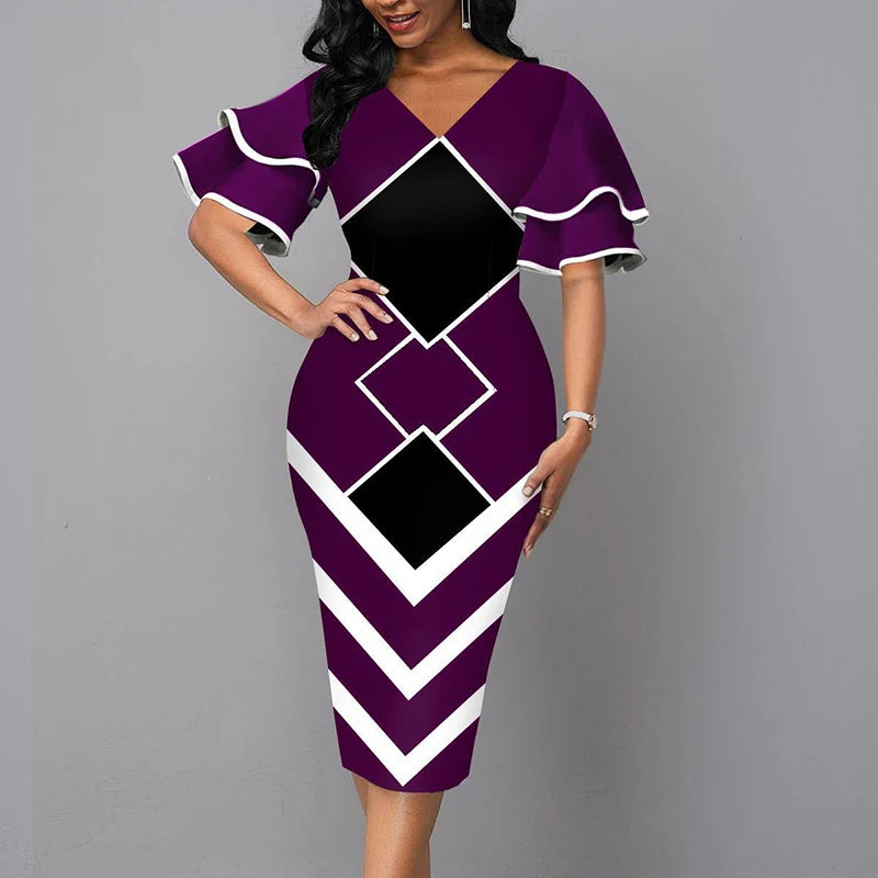 Elegant Women’s Summer V-Neck Mid-Calf Dress – Short Sleeve Slim Fit Printed A-Line Office Lady Outfit