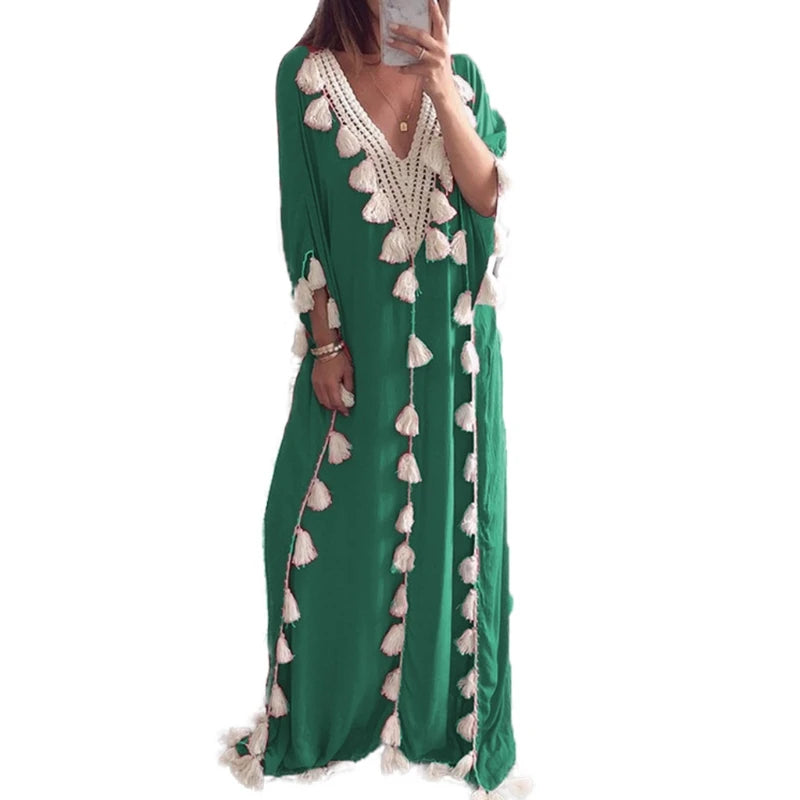 Women’s Arabic Islamic Kaftan – Half Sleeve V-Neck Maxi Dress with Tassel Trim, Casual Loose Fit