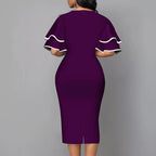 Elegant Women’s Summer V-Neck Mid-Calf Dress – Short Sleeve Slim Fit Printed A-Line Office Lady Outfit