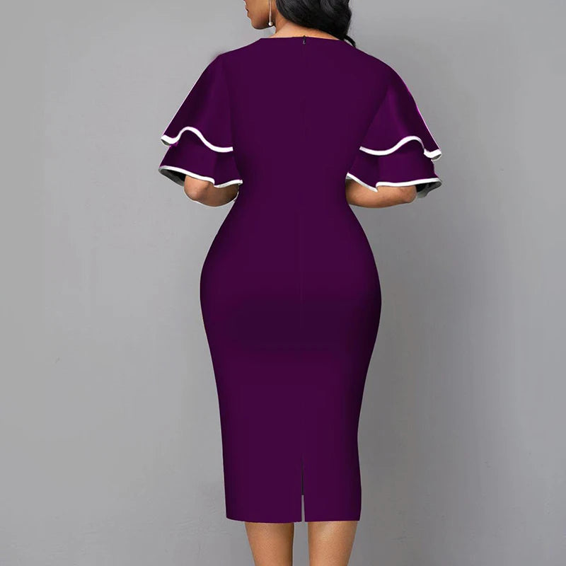 Elegant Women’s Summer V-Neck Mid-Calf Dress – Short Sleeve Slim Fit Printed A-Line Office Lady Outfit