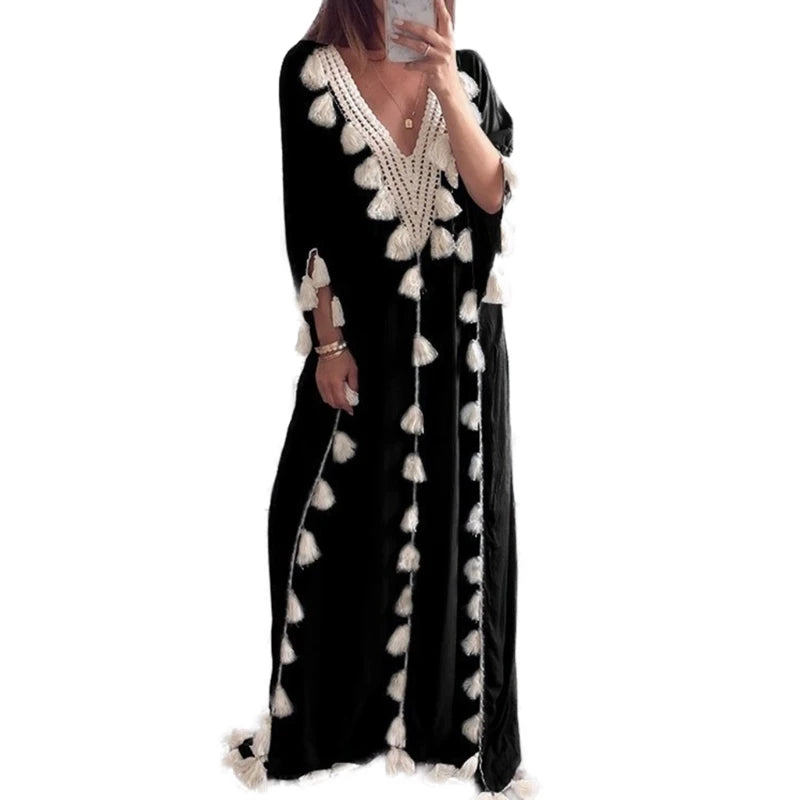 Women’s Arabic Islamic Kaftan – Half Sleeve V-Neck Maxi Dress with Tassel Trim, Casual Loose Fit