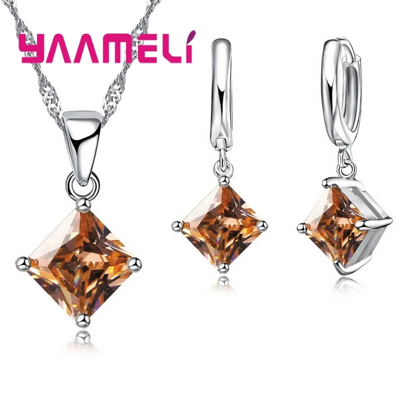 Women Pendants Necklace Simple Geometry Square Earrings Crystal