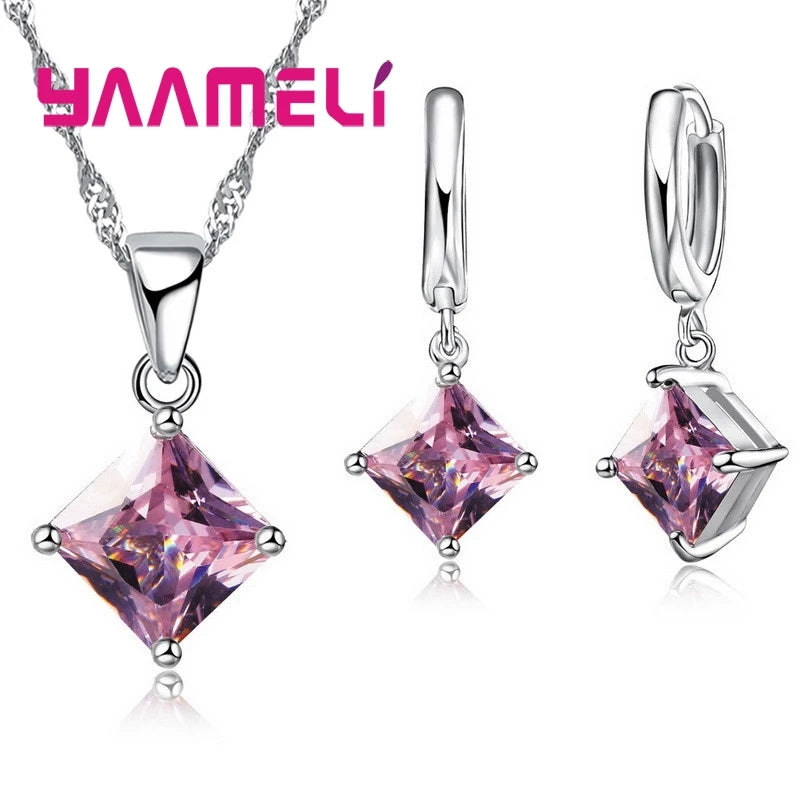 Women Pendants Necklace Simple Geometry Square Earrings Crystal