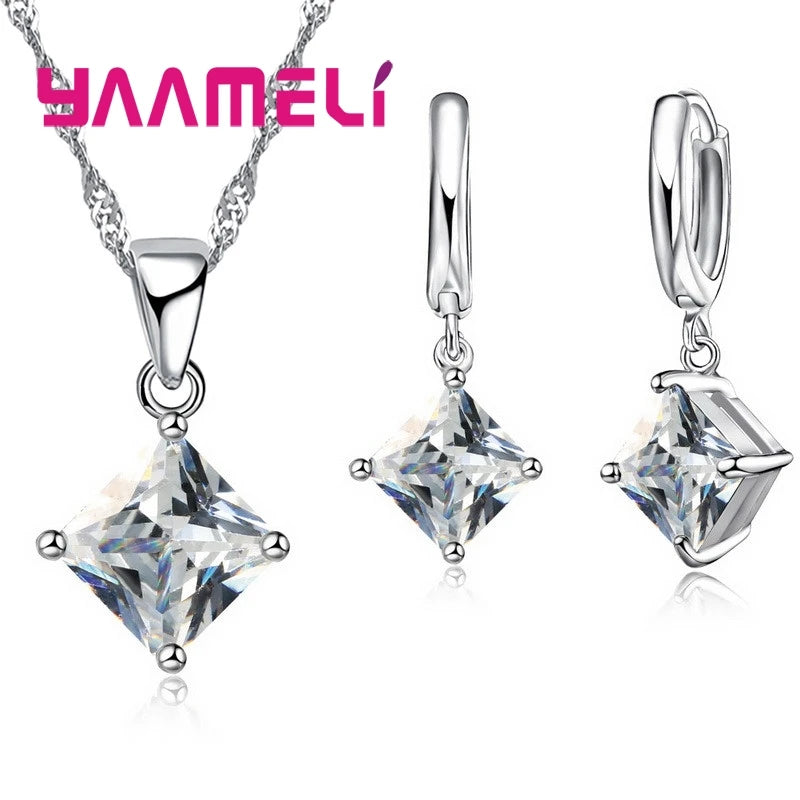 Women Pendants Necklace Simple Geometry Square Earrings Crystal