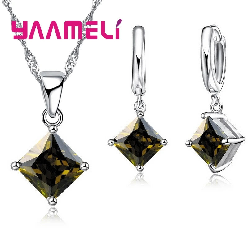 Women Pendants Necklace Simple Geometry Square Earrings Crystal