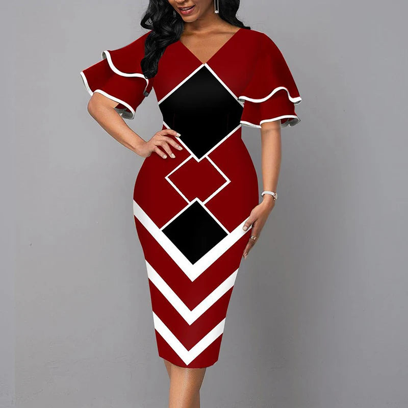 Elegant Women’s Summer V-Neck Mid-Calf Dress – Short Sleeve Slim Fit Printed A-Line Office Lady Outfit