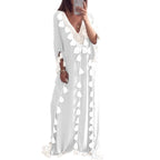 Women’s Arabic Islamic Kaftan – Half Sleeve V-Neck Maxi Dress with Tassel Trim, Casual Loose Fit