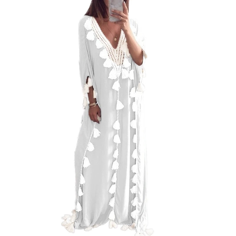 Women’s Arabic Islamic Kaftan – Half Sleeve V-Neck Maxi Dress with Tassel Trim, Casual Loose Fit