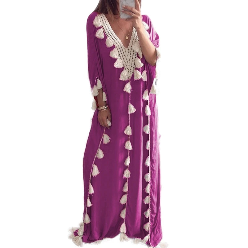 Women’s Arabic Islamic Kaftan – Half Sleeve V-Neck Maxi Dress with Tassel Trim, Casual Loose Fit