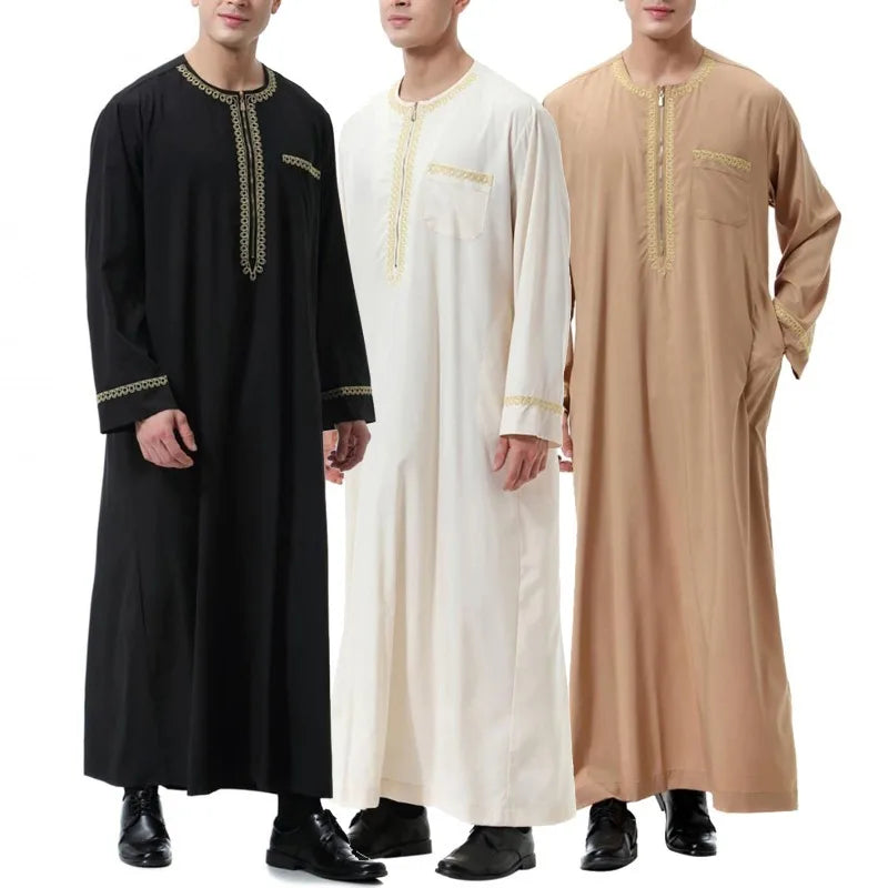 Men’s Islamic Robe – Casual Long Sleeve Tunic, Solid Color, Round Neck