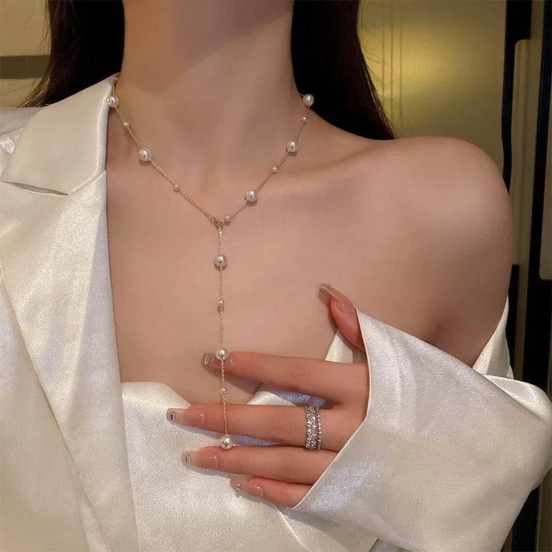 Imitation Pearls Long Chain Necklace for Women Sexy Tassel Back Necklace for Party Dress Chain Necklaces Body Jewelry Mujer