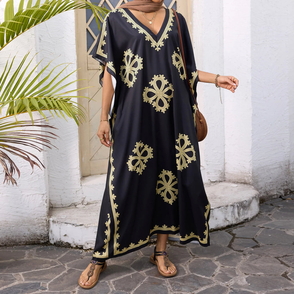 Women’s Summer Ramadan Dress – Loose V-Neck Bat Sleeve Caftan Gown