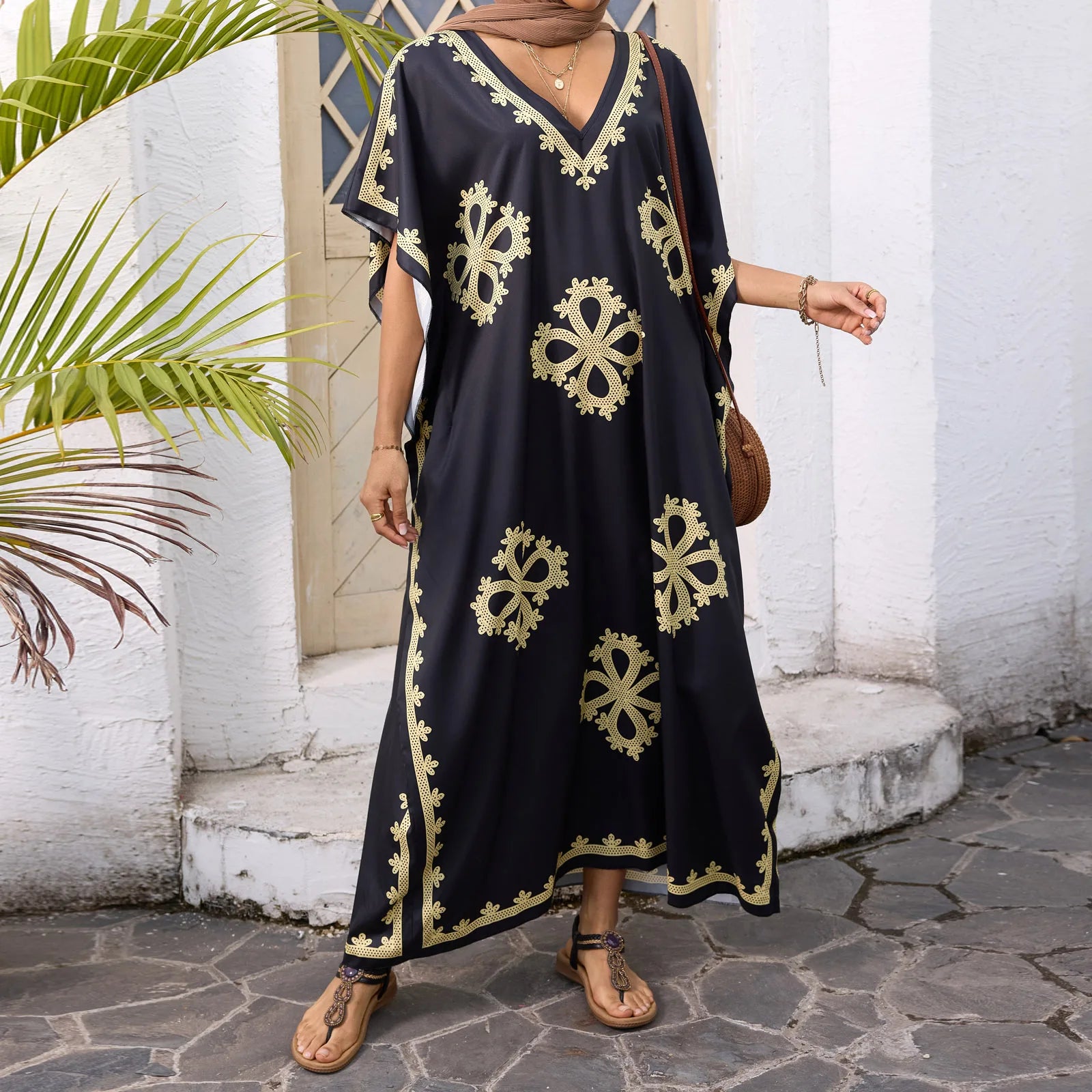 Women’s Summer Ramadan Dress – Loose V-Neck Bat Sleeve Caftan Gown