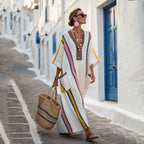 Summer Women’s Casual V-Neck Dress – Short Sleeve Geometric Print Loose Pullover with Pockets