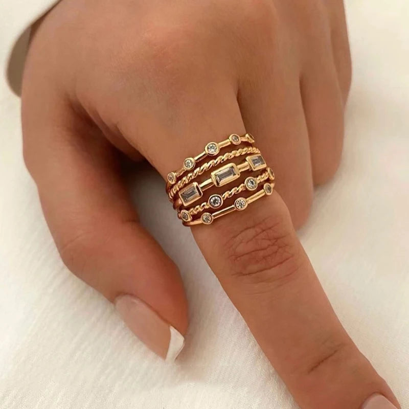 Stainless Steel 18 K Gold Plated Sun Rings for Women Natural Stone Inlaid in Hollow Metal Texture Ring Trendy Jewelry