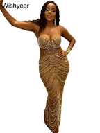 Luxury Sparkly Crystal Rhinestone Pearl Celebrities Gown Brown Dress