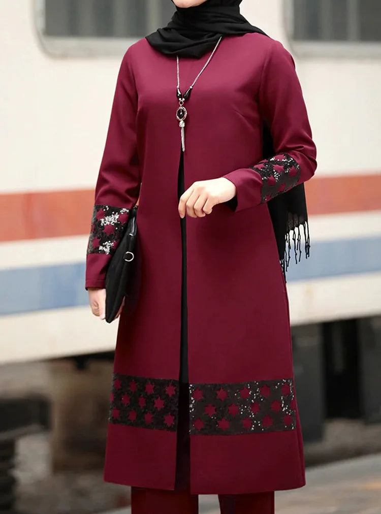 Women’s Islamic Ramadan & Eid 2-Piece Set – Lace-Up Corset Top with Wide-Leg Pants, Solid Color Kaftan