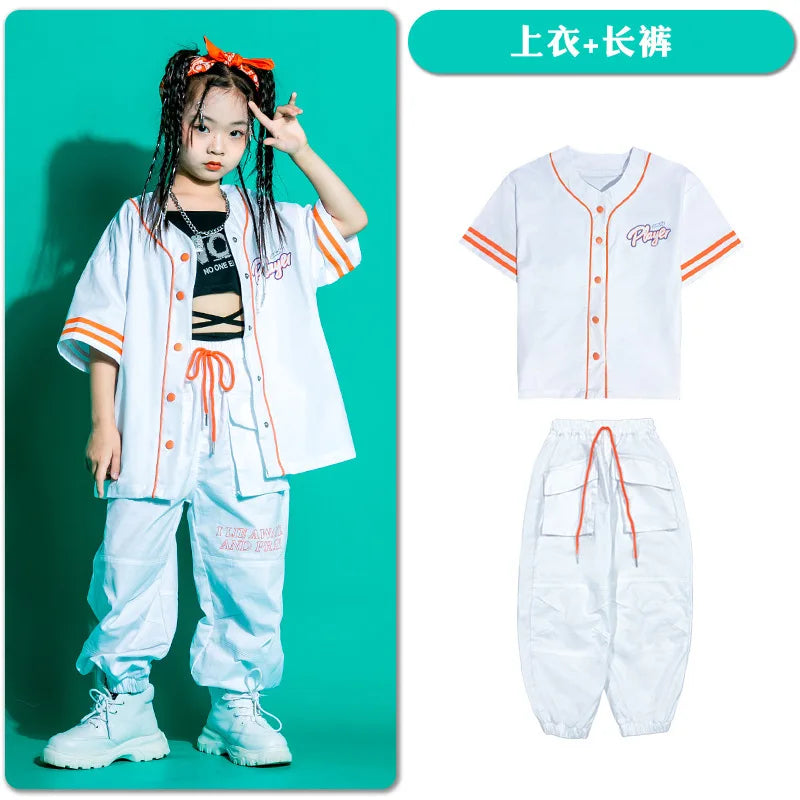 Kid Kpop Hip Hop Clothing Baseball Cardigan Shirt Top White Streetwear Cargo Jogger Pants Shorts for Girl Boy Jazz Dance Costume