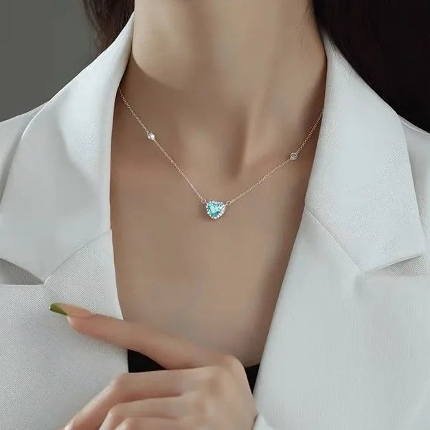 925 Sterling Silver Chain Unique and Stunning Women's Blue Love Heart Zircon Pendant Neck with Trendy Design Jewelry