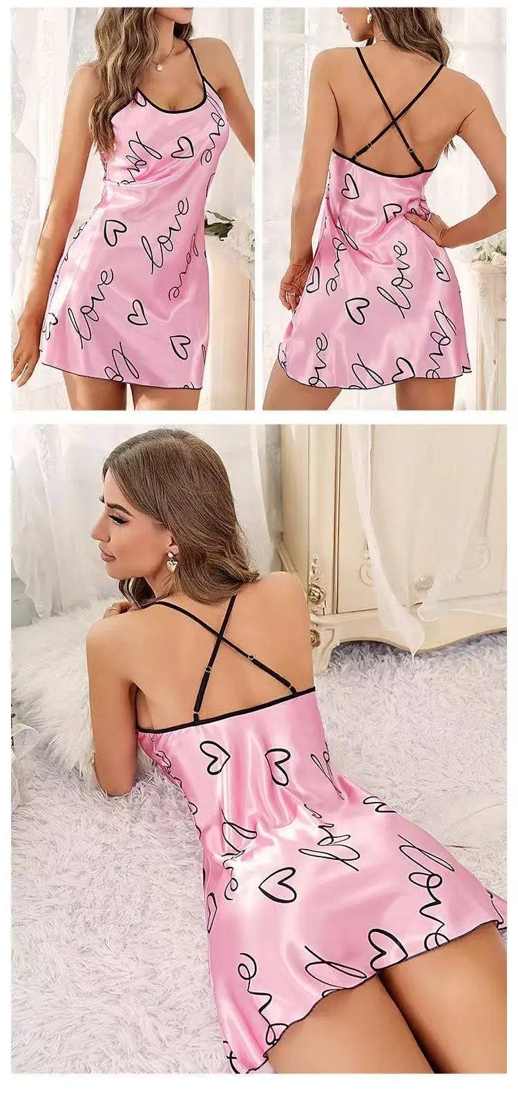 Cool and casual round neck slim shoulder strap nightgown for women, heart-shaped letter printed nightgown